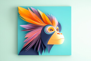 Obraz premium Fantasy animal, monkey bird hybrid, portrait closeup face, colourful, cut paper feathers, blue square framing wall mounted art