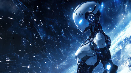 futuristic cyborg girl stands in cosmic setting, surrounded by digital aura and stars. Her glowing blue eyes and sleek design evoke sense of advanced technology and mystery