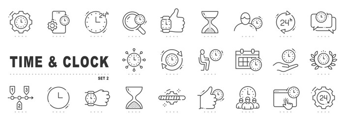 Set of time related line icons. Clock, watch, calendar, timer etc. Editable stroke. Set 2