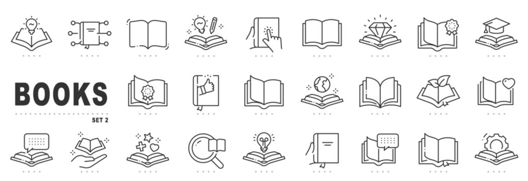 Set of book related line icons. Textbook, open book, page, literature etc. Editable stroke. Set 2