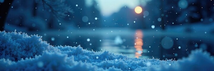 Snowflakes gently fall on frozen lake surface, peaceful, snow, night