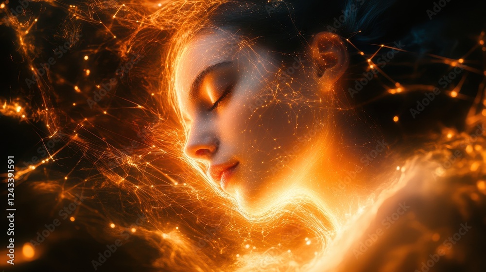 Aufkleber serenity and light intertwine in a woman's face merging with glowing particles