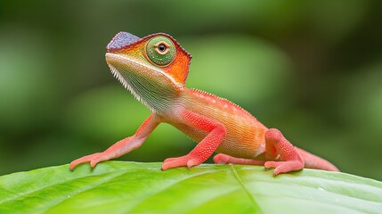 Obraz premium Colorful chameleon perched on a vibrant green leaf in a lush tropical environment