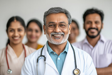 Fototapeta premium A group of malayali people smiling, with a doctor holding a stethoscope in the middle, on a white background