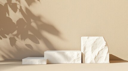 Beige Minimalist Product Display with White Podium and Leaf Shadows