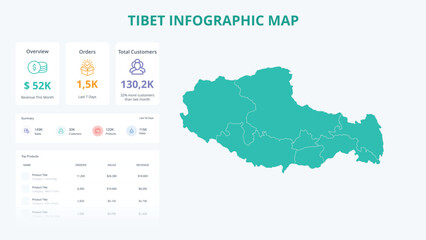 Naklejka premium Business Growth Infographic Map of Tibet. Orders, Customers, Sales Overview & product Infographic Map of Tibet. Easy to edit