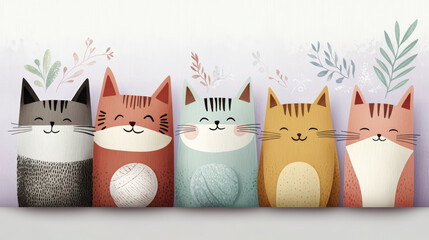 Adorable cartoon cats illustration, featuring five smiling felines with charming designs. Perfect for cat lovers seeking cute decor.