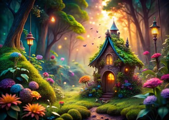 Enchanting Fairy House nestled in a Mystical Forest - Peaceful Fantasy Scene