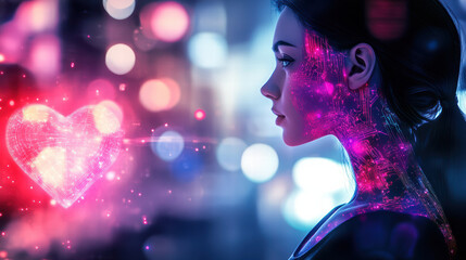 cyborg girl with digital heart in neon lit city, showcasing blend of technology and emotion. vibrant colors and glowing elements create captivating atmosphere