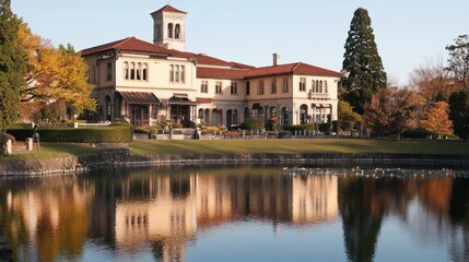 Fototapeta premium Elegant Historic Mansion by Serene Lake Surrounded by Lush Nature