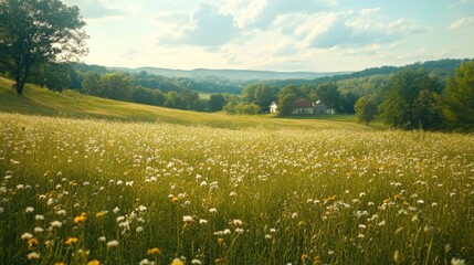 Fototapeta premium Rural countryside landscape featuring wildflowers and hills under a bright sky