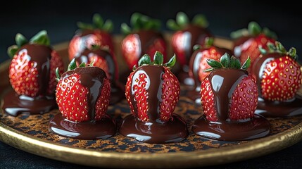 Delicious chocolate-covered strawberries arranged on a decorative plate, showcasing a rich dessert scene