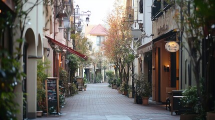 Fototapeta premium Serene Urban Alley Surrounded by Trees and Charming Facades
