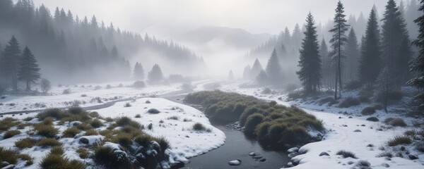 Snowy river winding through mist-covered forest, river, snow, landscape