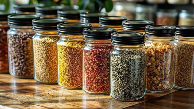 Colorful jars of spices and grains on wooden counter in sunlit kitchen