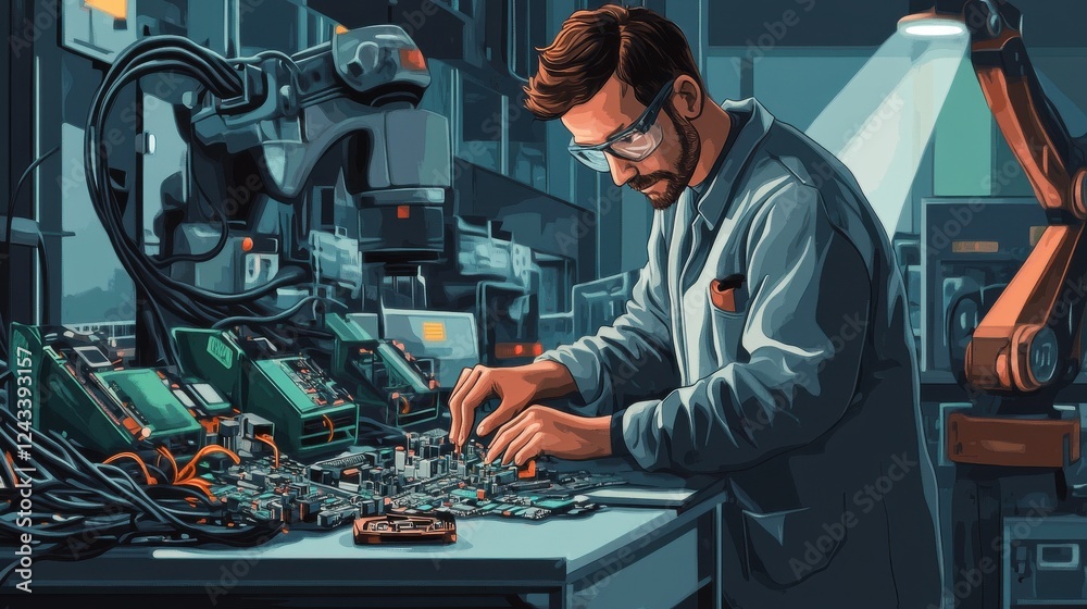 Poster Professional worker repairing circuit boards in a high-tech laboratory during daylight hours