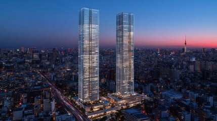 Naklejka premium Twin Towers, Tokyo Skyline, Night, Construction, Rendering