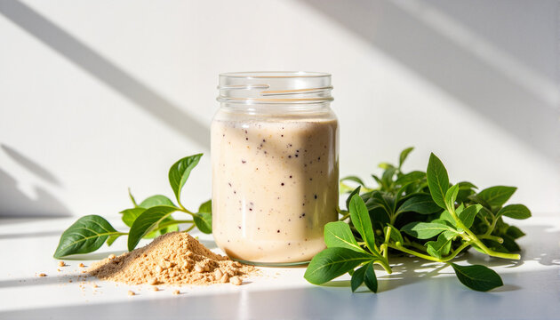 Smooth, creamy beverage with herbal powder and fresh leaves on a bright background for health blogs, smoothie recipes, nutrition websites, and wellness presentations