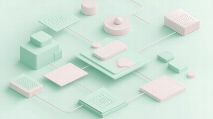 Abstract Scene of Geometric Shapes on Soft Mint Background