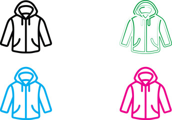 Simple line drawings, hooded jackets, minimalist outlines, color variations, neon green, cyan blue, magenta pink, white background, fashion illustration style, graphic design elements, clothing icons,