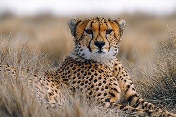 Naklejka premium Cheetah relaxing in tall grass during the afternoon sun in the savannah