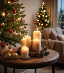 Softly glowing candles on a side table create a warm and cozy atmosphere near a beautifully decorated Christmas tree, Christmas tree, cozy ambiance