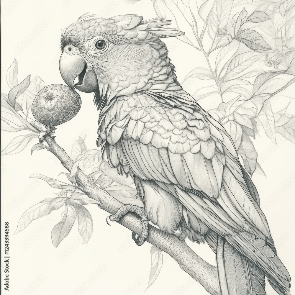 Poster parrot enjoying a piece of fruit while perched on a branch amidst lush foliage in a tranquil setting