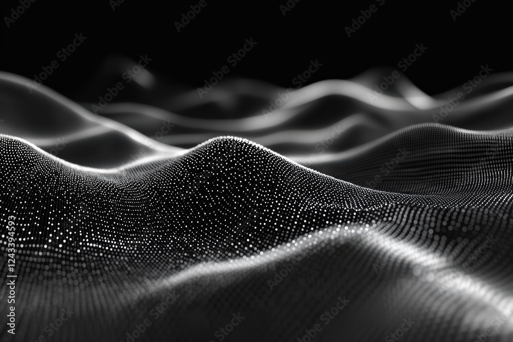 Poster complex grid of digital dots and lines creating a wave-like pattern in a dark environment