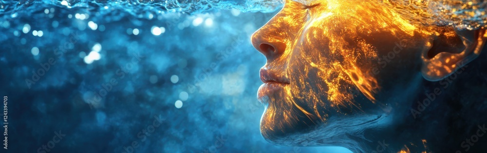 Poster mystical visualization of a swimmer’s face amidst flowing water and light reflections in an underwat