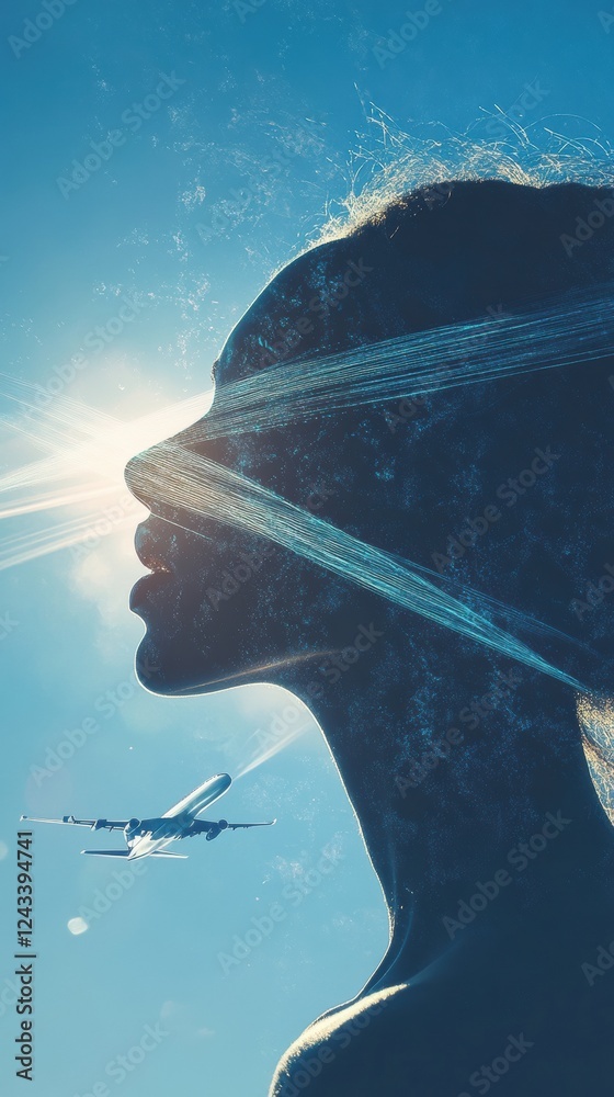Poster mystical visualization of a woman's face with sunlight and airplane in the background during a brigh