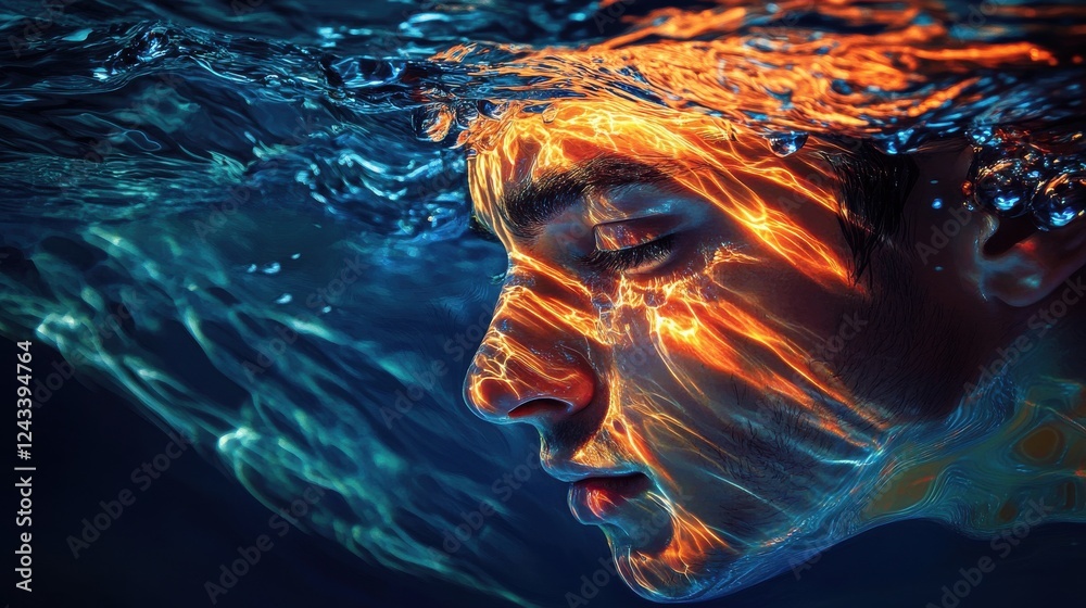 Aufkleber Mystical visualization of a swimmer’s face illuminated by light patterns while submerged in water