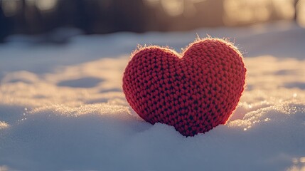Fototapeta premium A red knitted heart placed on a bed of snow, untouched and alone.