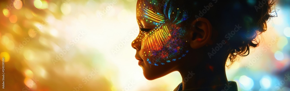 Poster mystical child with glowing face paint surrounded by colorful lights and enchanting atmosphere
