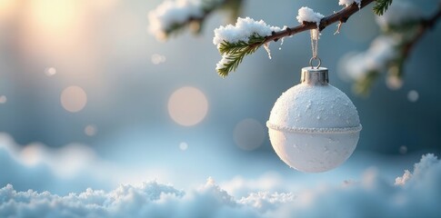 A small white ornament hanging from a twisted string, frosty, minimalist, shining