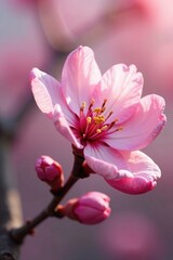 Soft pink petals unfolding from the end of a twig, tree, blossom, branches