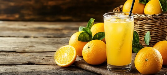 A rustic table with oranges and fresh juice, pure delight