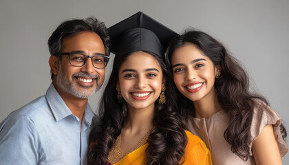 A young Indian woman in her graduation gown, posing with her arms around her parents who look happy and proud of their daughter's achievement
