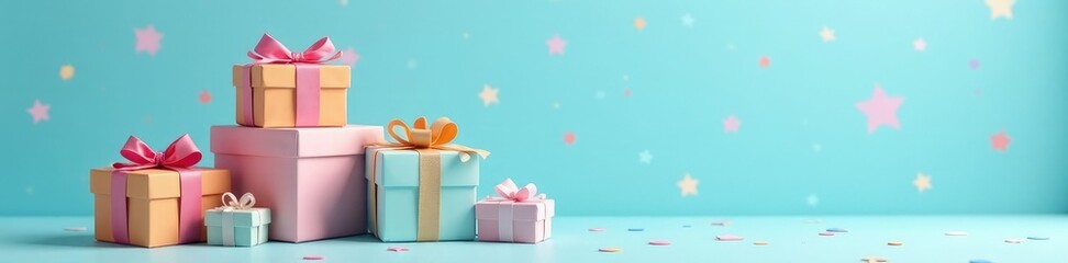 Fototapeta premium Colorful gift boxes stacked neatly against a radiant light blue background with scattered pastel colors, light, blue