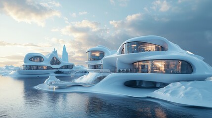 Obraz premium Innovative Modern Architecture on Icebergs in a Serene Landscape
