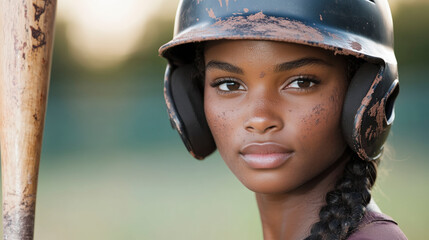 Confident female baseball player ready to hit, showcasing passion for the sport with protective helmet and bat. Youthful athlete.
