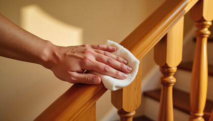 Obraz premium Hand cleaning wooden staircase railing for blogs, websites, home improvement articles, cleaning tips, interior design projects, and maintenance guides