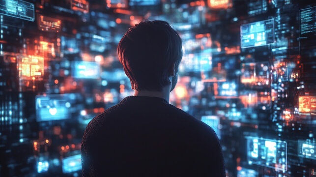 A Caucasian man enjoys an immersive 3D experience, visualizing animated social media and internet content as he surfs the computer network.