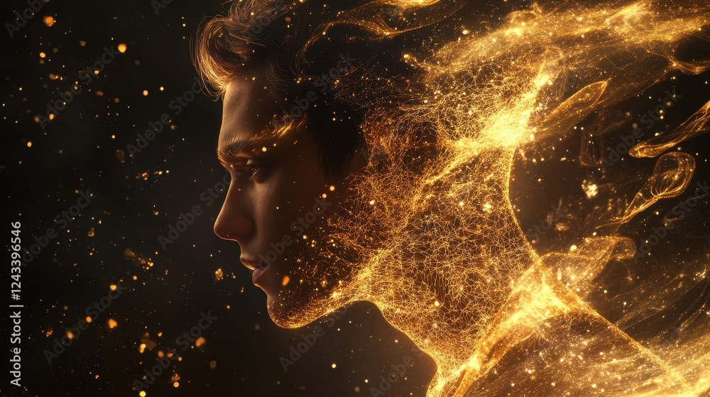 Poster mystical profile of a man filled with golden light showcasing ethereal energy and transformation