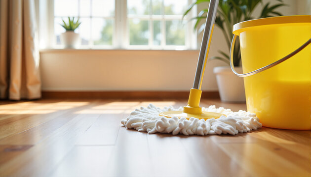 Mop cleaning wooden floor in sunny room with plants for blogs, websites, home care tips, cleaning guides, presentations, and educational materials about cleanliness and hygiene