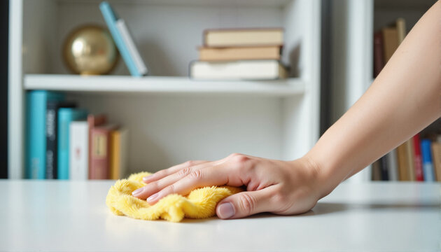 Hand cleaning a table with a yellow cloth in a serene environment for blogs, websites, home decor, cleaning tips, lifestyle articles, and organization guides