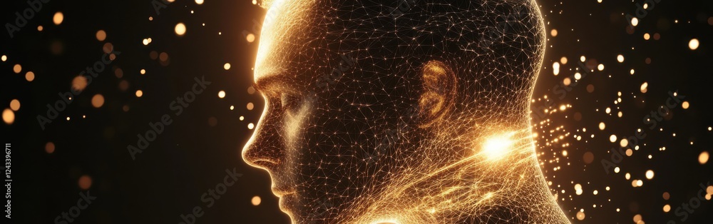 Poster mystical portrayal of a man's profile illuminated by glowing particles in a dark atmosphere