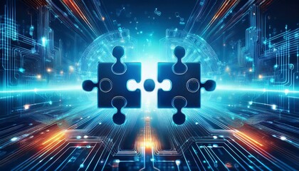 digital representation of api integration concept with two interlocking puzzle pieces against a futuristic tech inspired abstract background symbolizing connectivity and generative ai