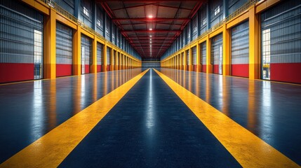 Obraz premium Empty warehouse interior, yellow lines, industrial, perspective