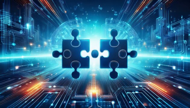 digital representation of api integration concept with two interlocking puzzle pieces against a futuristic tech inspired abstract background symbolizing connectivity and generative ai
