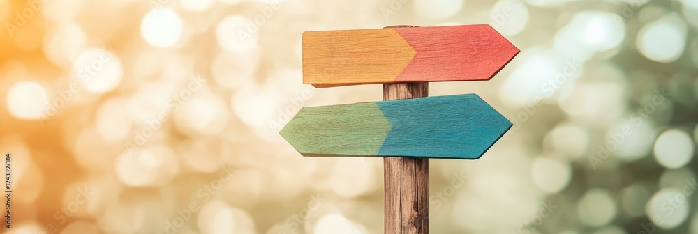 Poster two colorful wooden arrows pointing in opposite directions symbolize choices, decisions, and the con